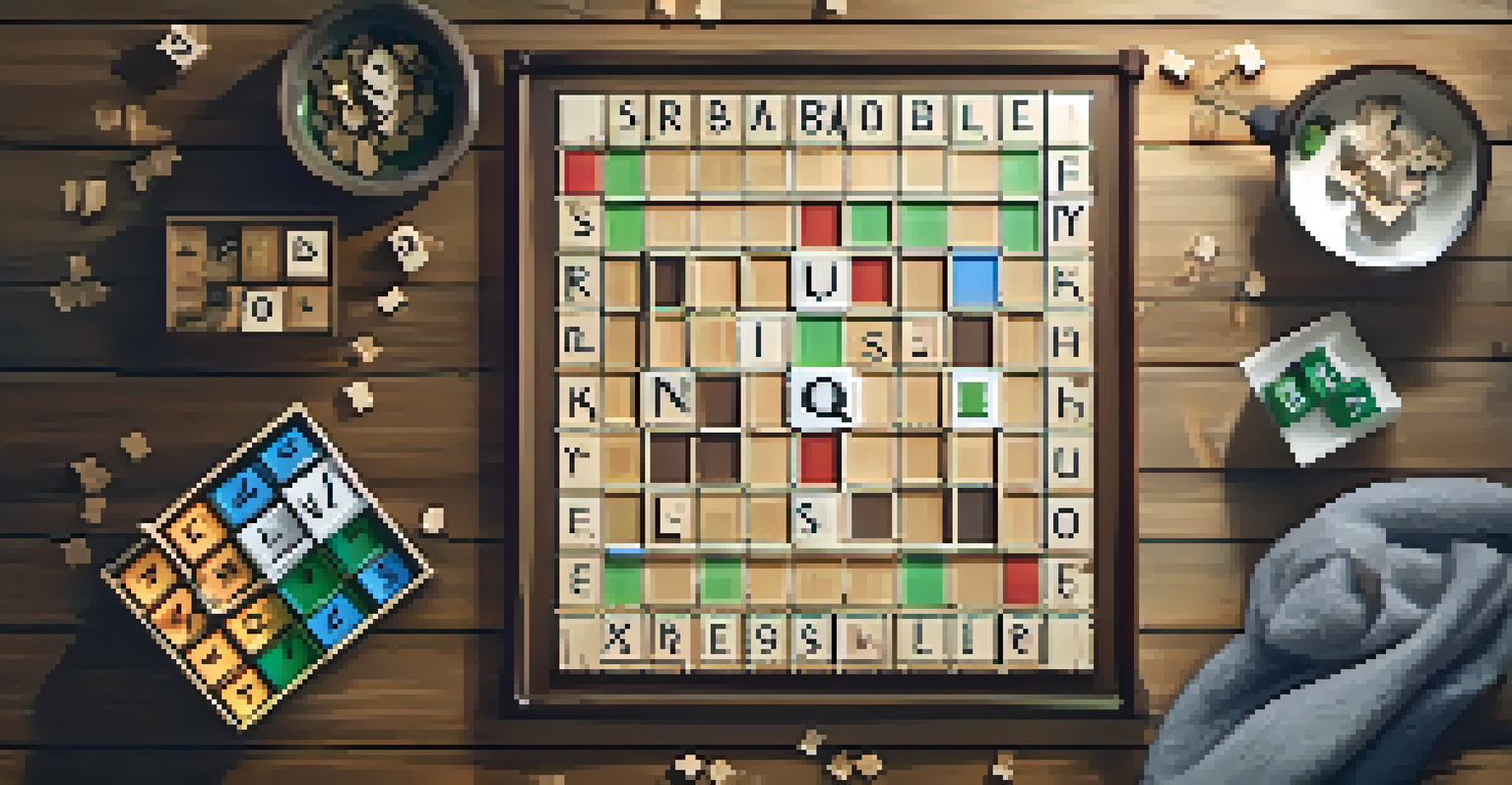 An overhead view of a Scrabble game with words arranged on a rustic wooden table.