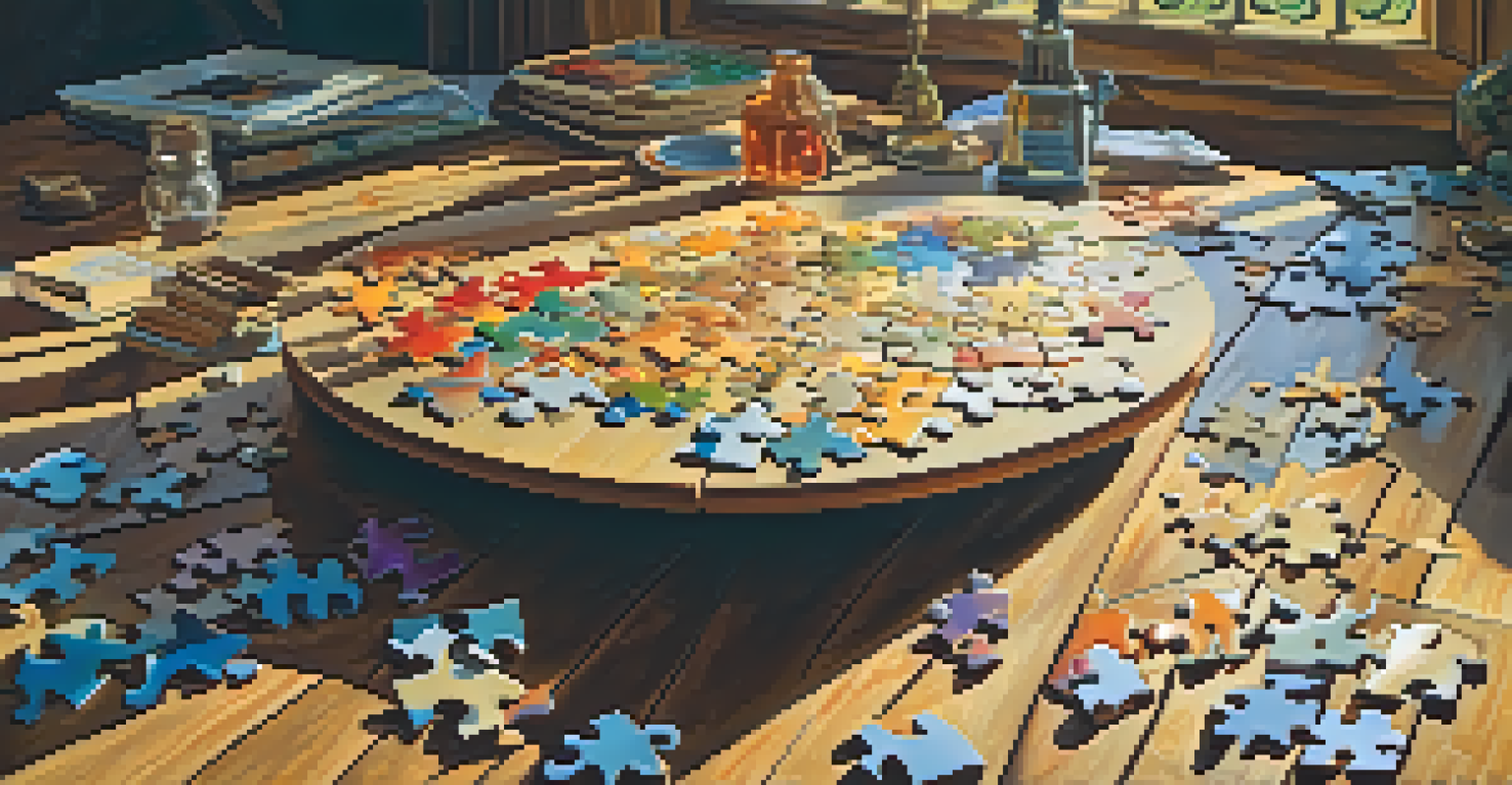 A wooden table with scattered jigsaw puzzle pieces and a partially completed puzzle of a famous painting, illuminated by warm light.