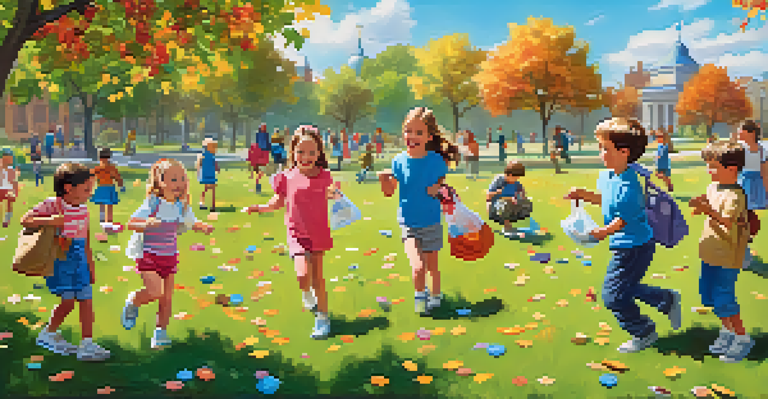 Children happily searching for coins in a park during a scavenger hunt.