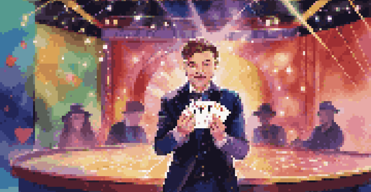 A magician on a colorful digital stage performing with a deck of cards, surrounded by sparkling lights.