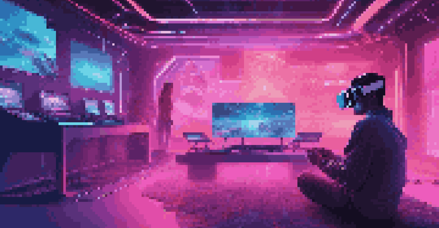 A person using VR goggles surrounded by a futuristic gaming environment with holographic elements.