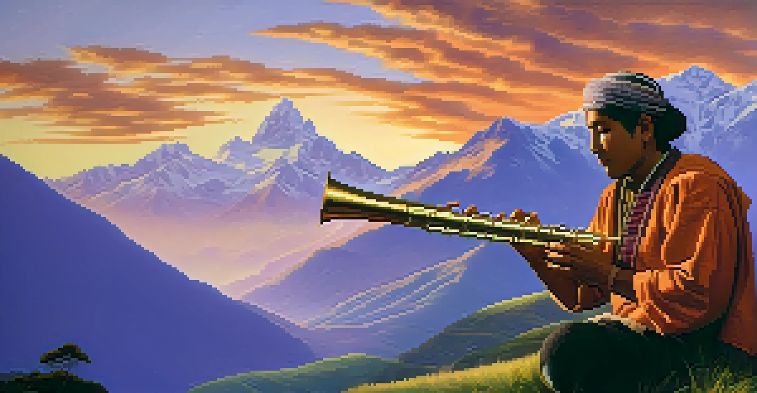 A musician playing a pan flute in the Andes mountains during sunset, surrounded by green hills and snow-capped peaks.