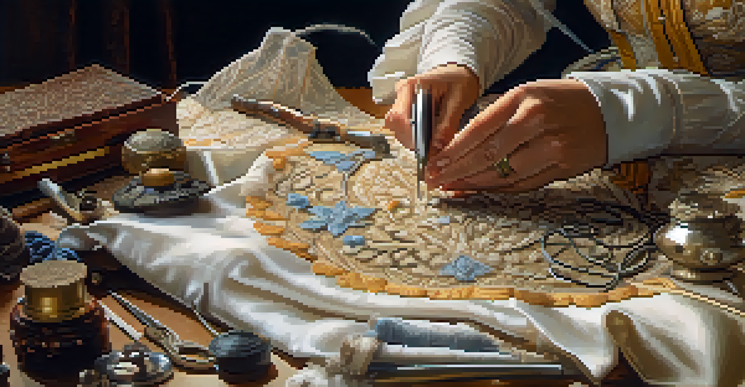 A reenactor focused on sewing a historical costume, with detailed fabrics and tools visible around them.