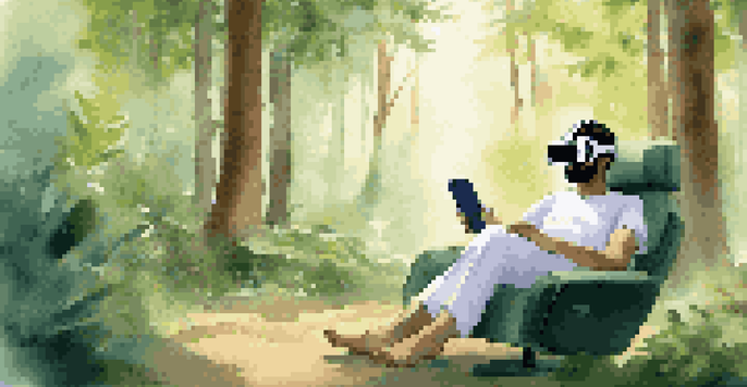 A patient in a VR headset sits in a calming forest environment, with a therapist nearby.