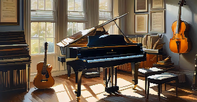 A cozy music studio with a grand piano, acoustic guitar, and wind instruments bathed in soft sunlight, featuring scattered sheet music and inspirational quotes on the walls.