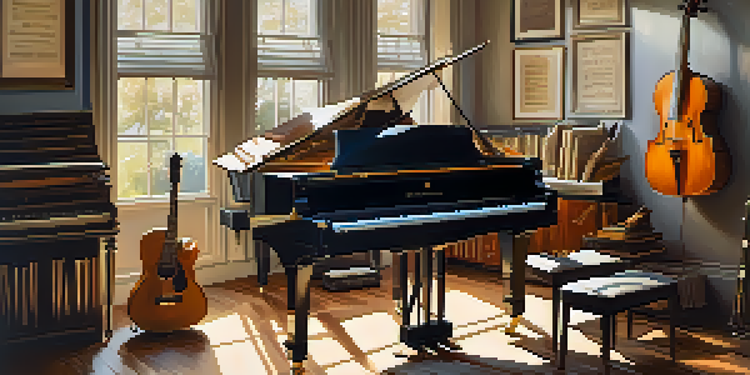 A cozy music studio with a grand piano, acoustic guitar, and wind instruments bathed in soft sunlight, featuring scattered sheet music and inspirational quotes on the walls.