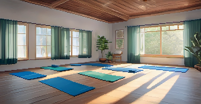 A peaceful yoga studio with calming decor and soft lighting, ideal for relaxation.