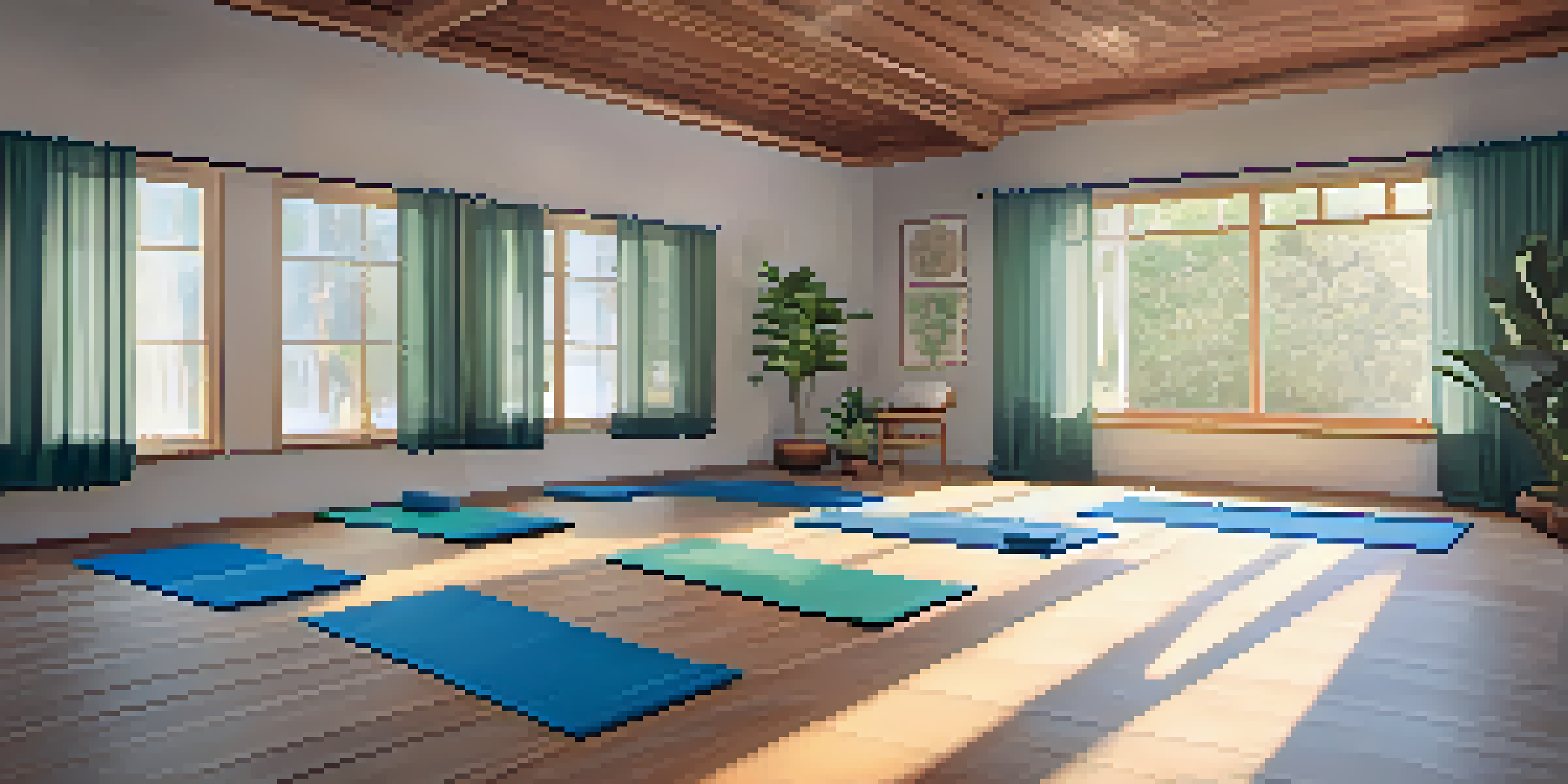 A peaceful yoga studio with calming decor and soft lighting, ideal for relaxation.