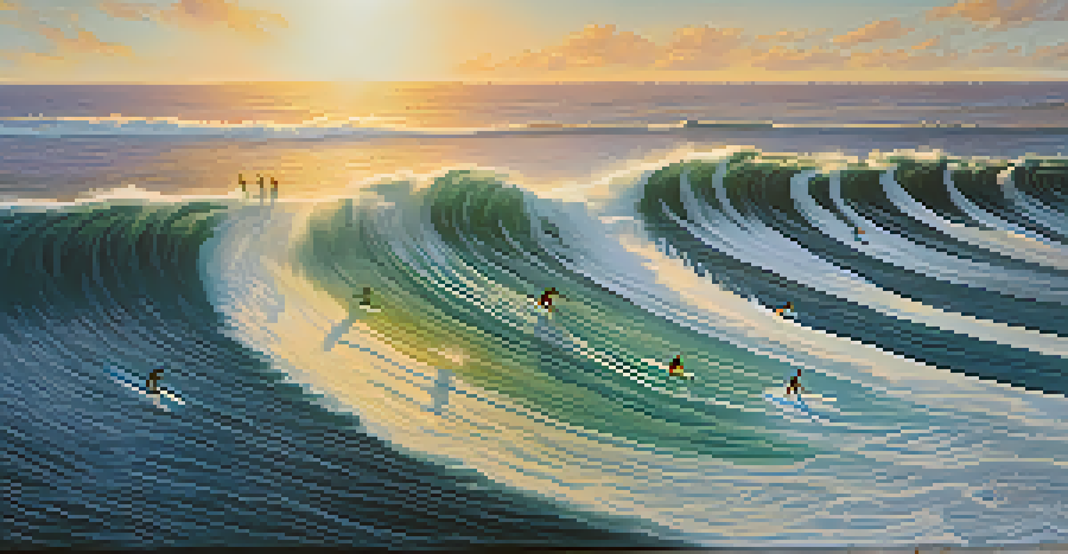 Aerial view of surfers riding waves with sunlight reflecting on the water.