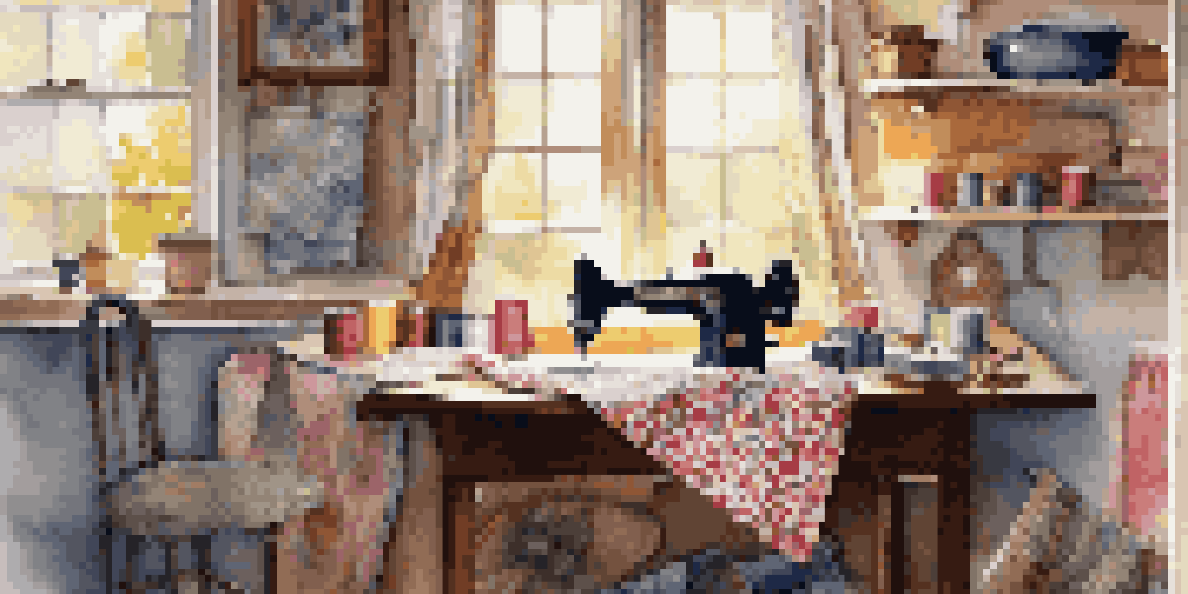 A bright quilting workspace with colorful fabrics and a sewing machine, showcasing the tools needed for quilting.