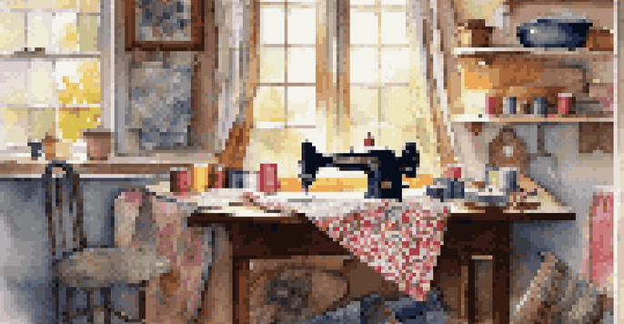 A bright quilting workspace with colorful fabrics and a sewing machine, showcasing the tools needed for quilting.