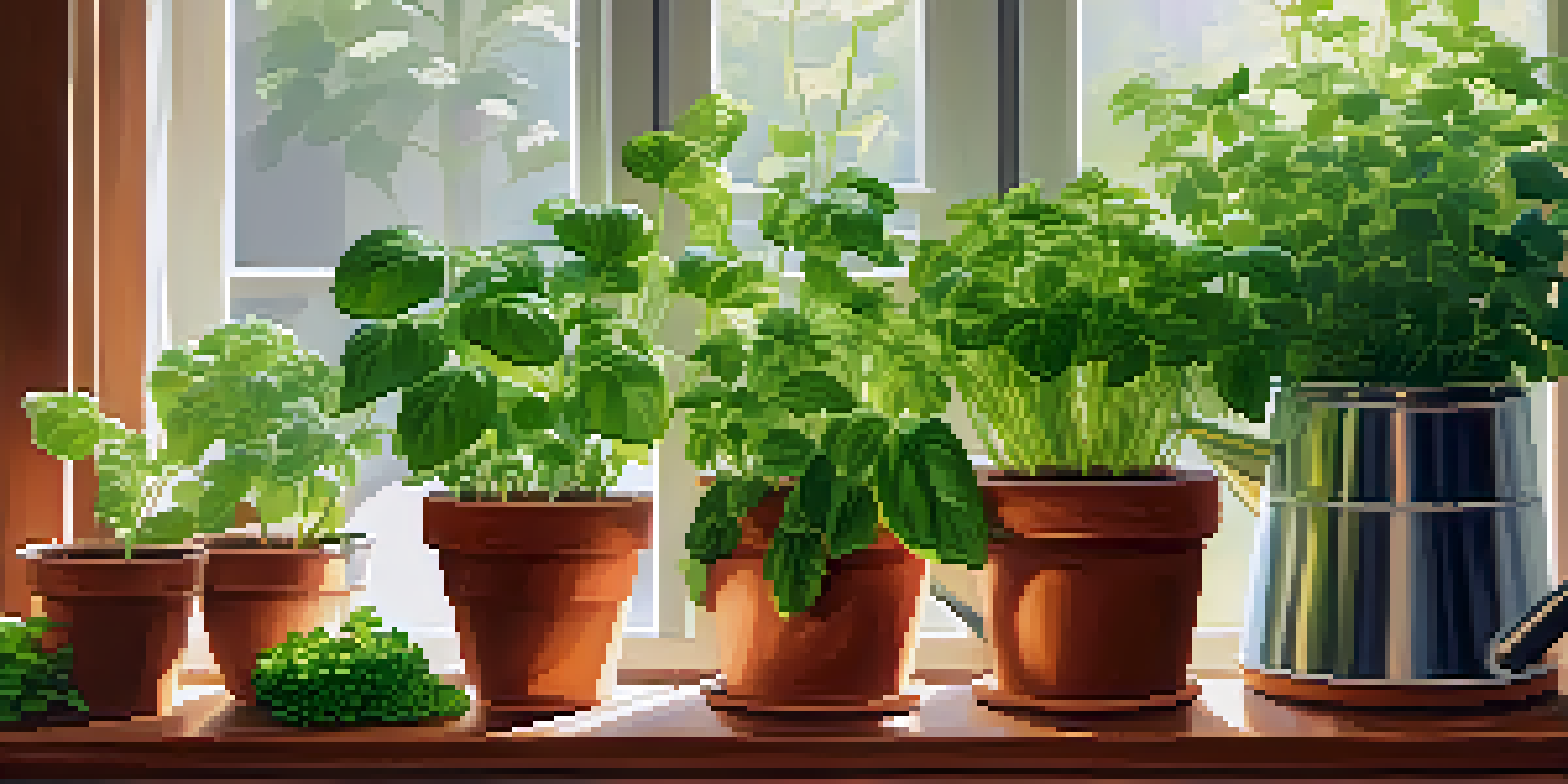 A bright indoor herb garden with basil, mint, and parsley on a windowsill, featuring terracotta pots and a watering can.