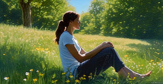 A person sitting cross-legged on a grassy hill, practicing mindful breathing amidst blooming wildflowers and trees, with soft sunlight filtering through the leaves.