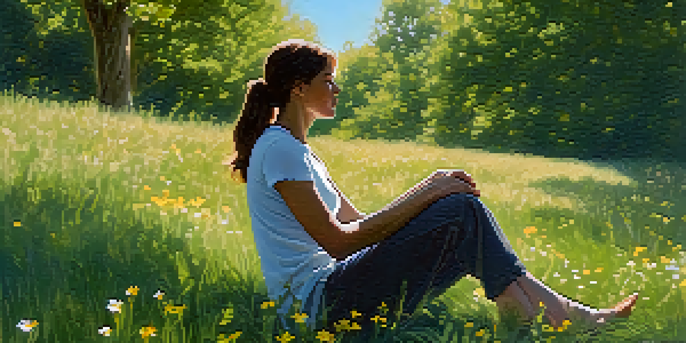 A person sitting cross-legged on a grassy hill, practicing mindful breathing amidst blooming wildflowers and trees, with soft sunlight filtering through the leaves.