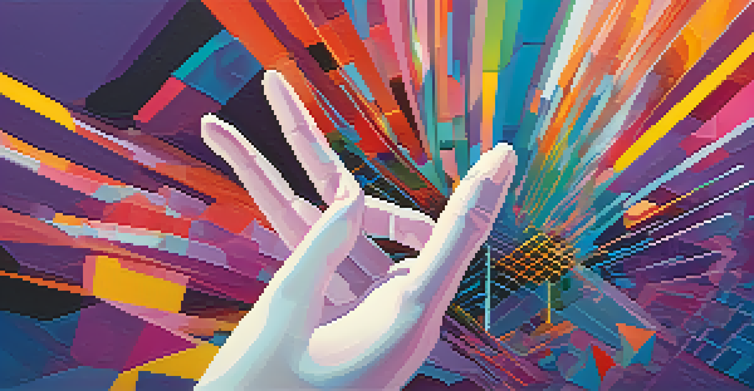 A human hand reaching towards colorful abstract shapes and patterns emerging from a digital screen against a gradient background.