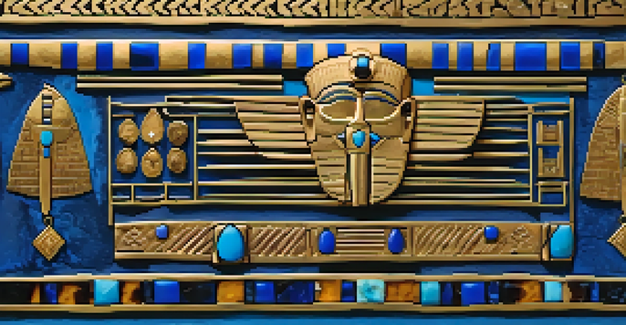 A detailed view of ancient Egyptian jewelry on a velvet background, featuring gold designs with hieroglyphs and colorful stones.