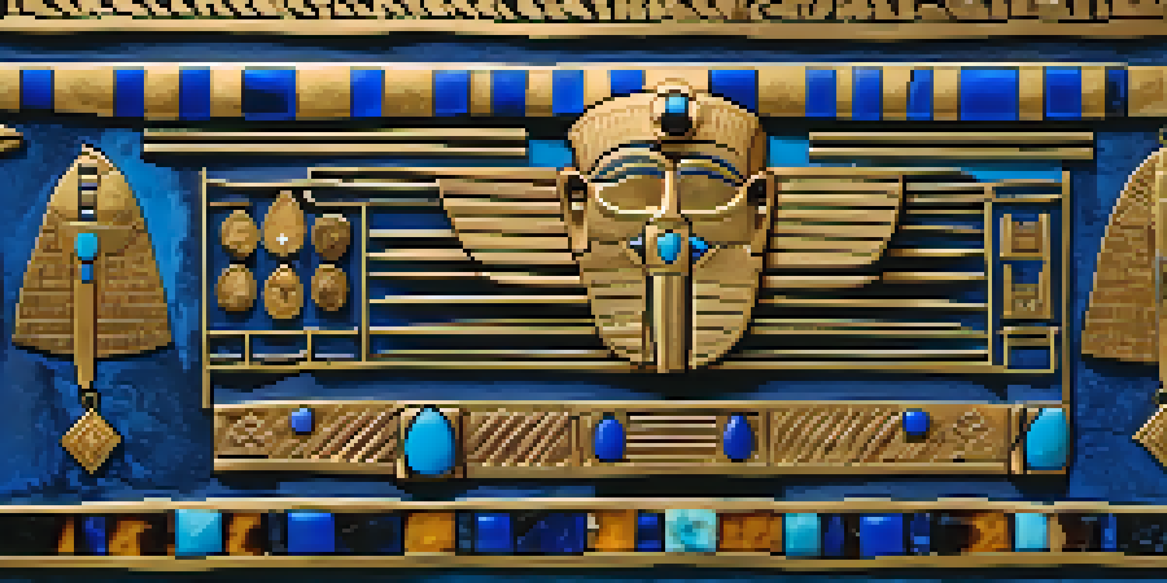 A detailed view of ancient Egyptian jewelry on a velvet background, featuring gold designs with hieroglyphs and colorful stones.