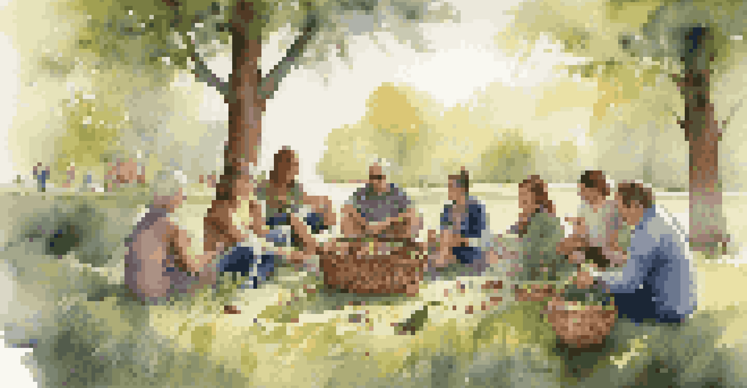A group of people in a park sharing their foraging experiences, with baskets of wild food items.