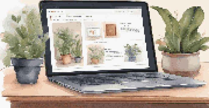 A laptop displaying a digital portfolio with coding projects, set in a cozy workspace with plants and a cup of coffee.
