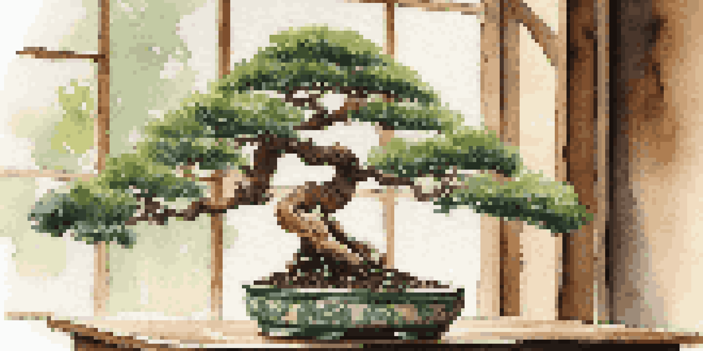 A bonsai tree in a rustic ceramic pot on a wooden table, with sunlight streaming through a window.