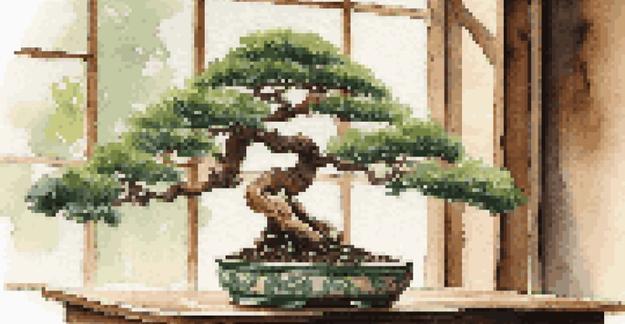 A bonsai tree in a rustic ceramic pot on a wooden table, with sunlight streaming through a window.