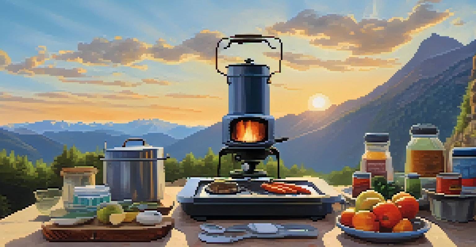A camping stove with organic ingredients and mountain views, demonstrating sustainable outdoor cooking.
