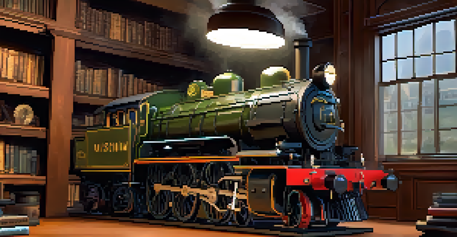 A completed steam locomotive model on display, surrounded by reference materials in a warmly lit workshop.