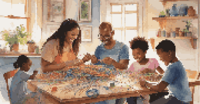 A diverse family happily crafting together, making colorful friendship bracelets at a table filled with crafting supplies.