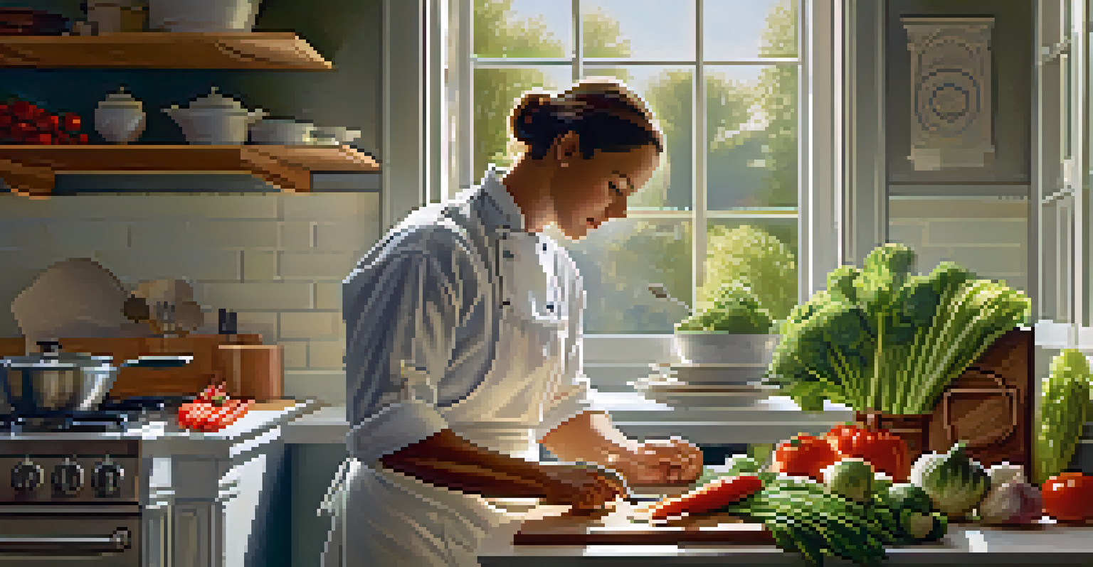 A chef sharpening a knife with natural light in a cozy kitchen filled with fresh vegetables.