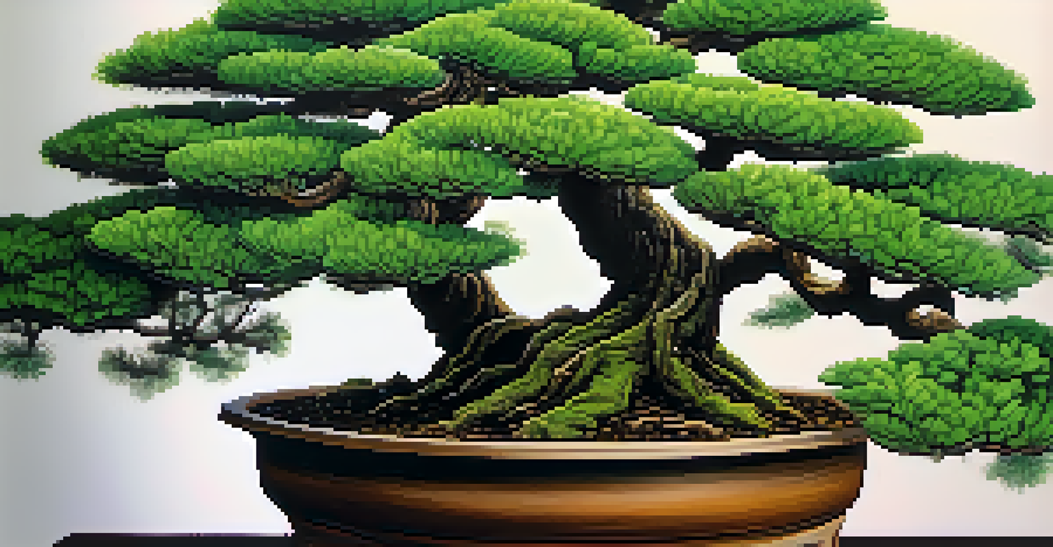 A close-up of a healthy bonsai tree's leaves and bark, with water droplets glistening, showcasing its vitality.