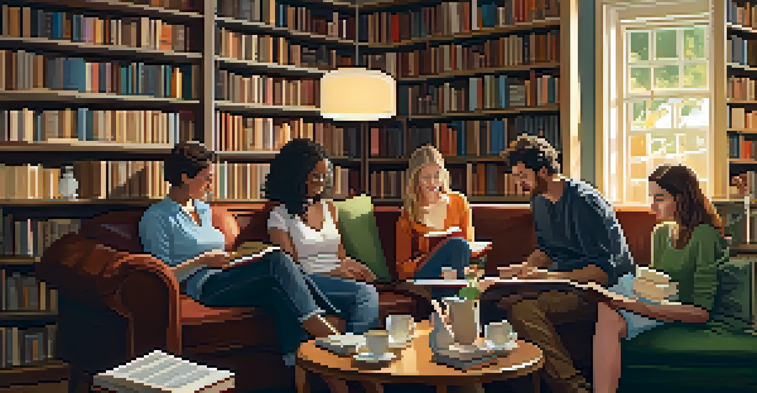 A cozy book club gathering with friends discussing literature over snacks and books, surrounded by bookshelves.