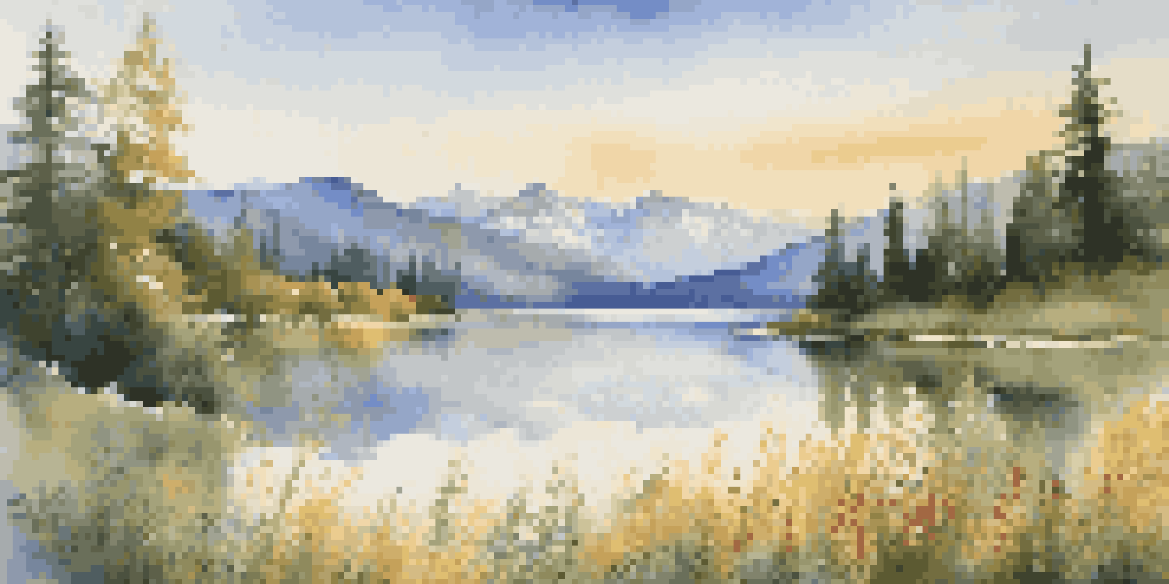 A peaceful landscape of a lake and mountains with sunlight and colorful flowers in the foreground.