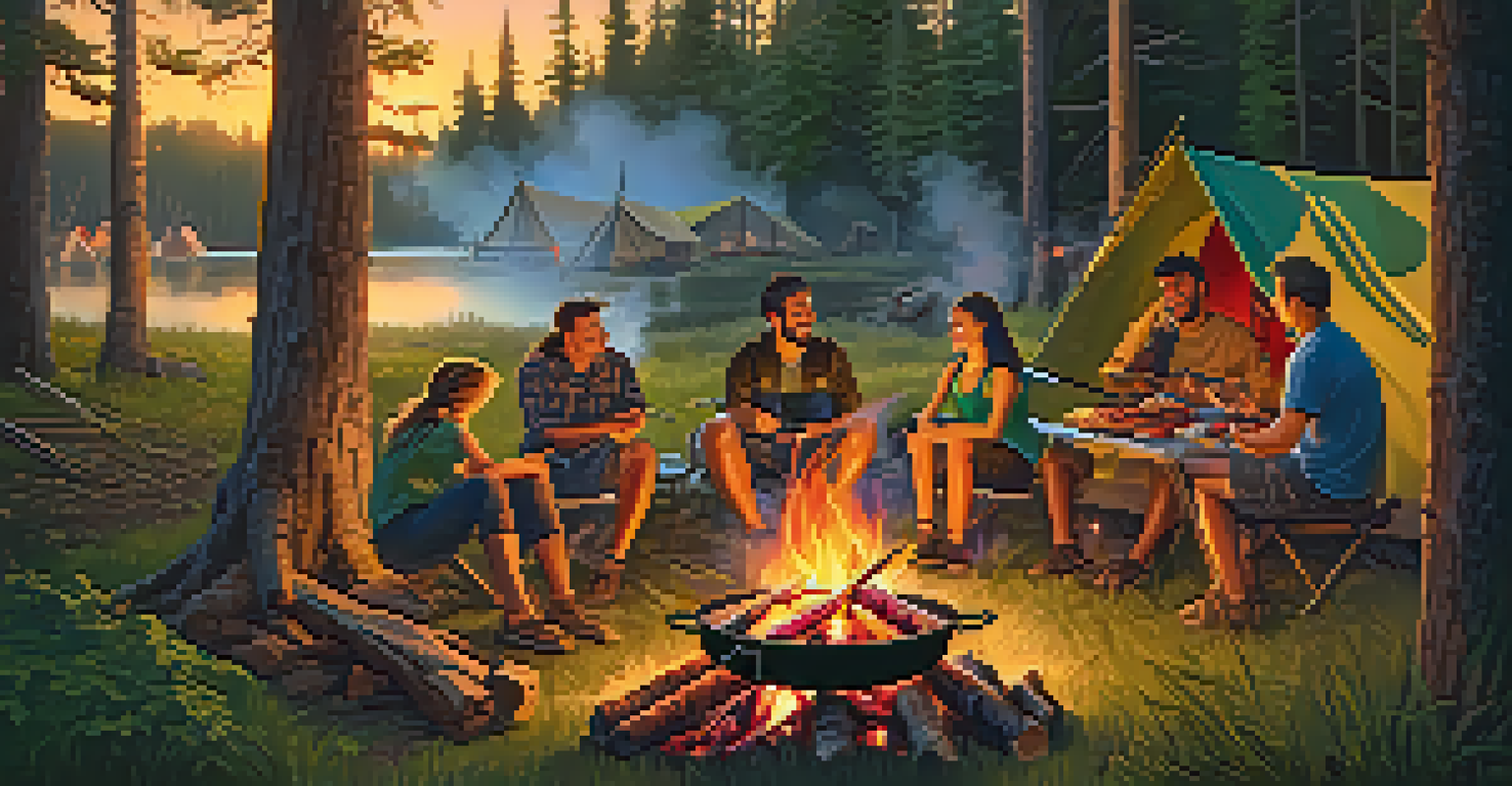 Campers gathered around a campfire grilling skewers of meat and vegetables, surrounded by a lush forest.
