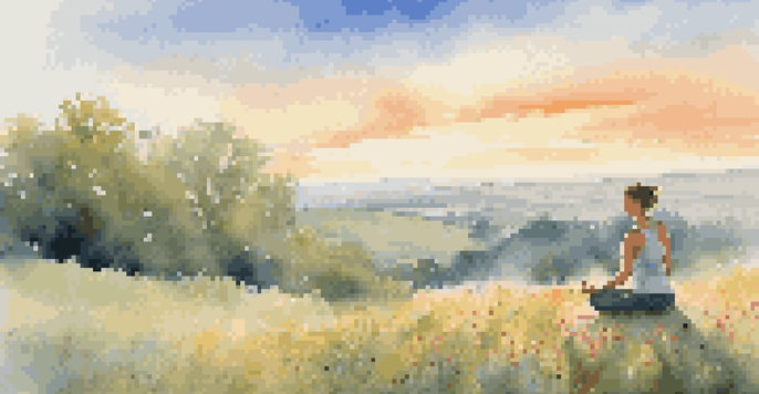 A person doing yoga on a grassy hill at sunrise, surrounded by colorful wildflowers.