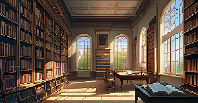 A cozy library with a wooden table, old books, a laptop, and sunlight streaming through the windows.