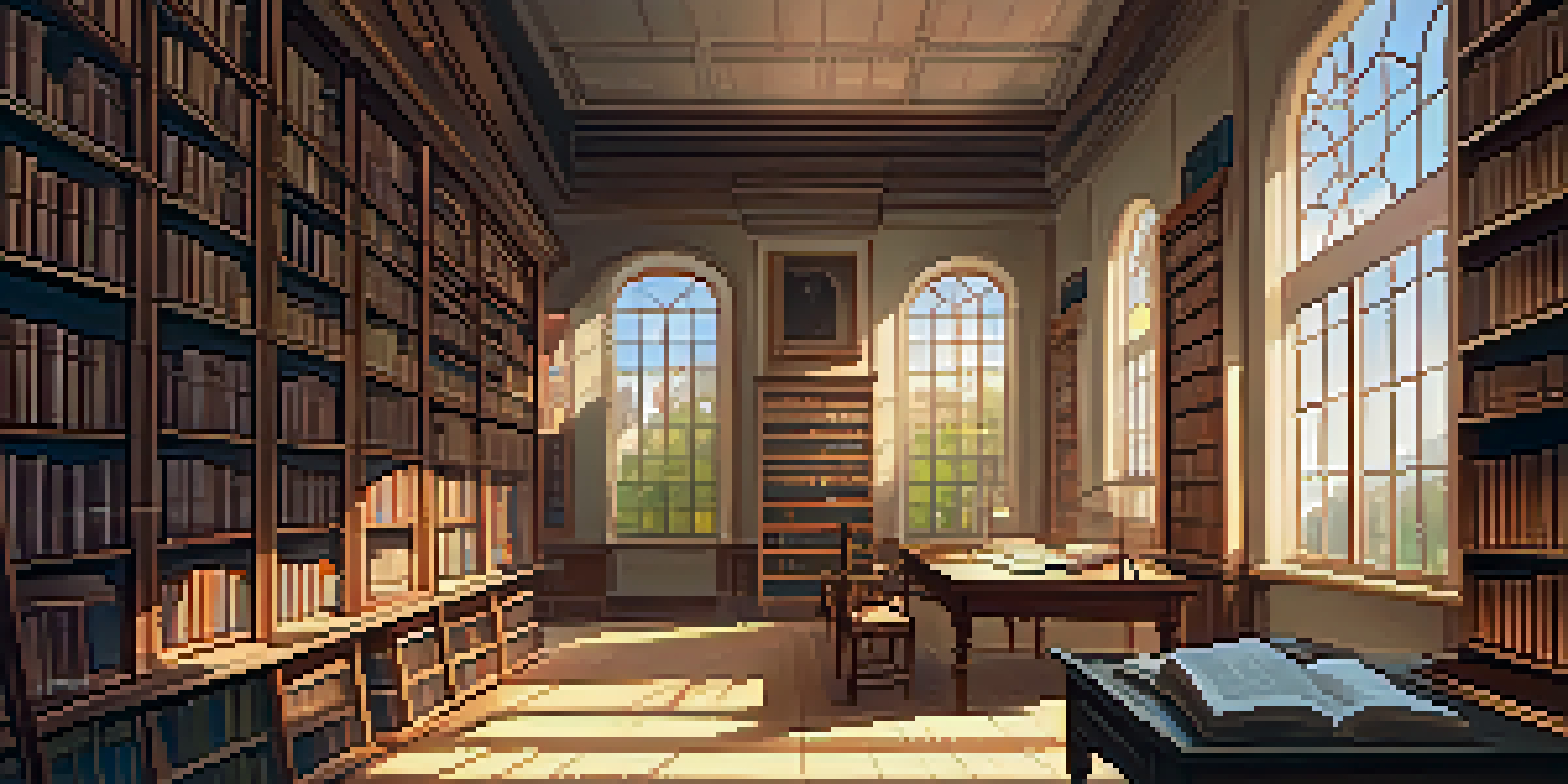 A cozy library with a wooden table, old books, a laptop, and sunlight streaming through the windows.