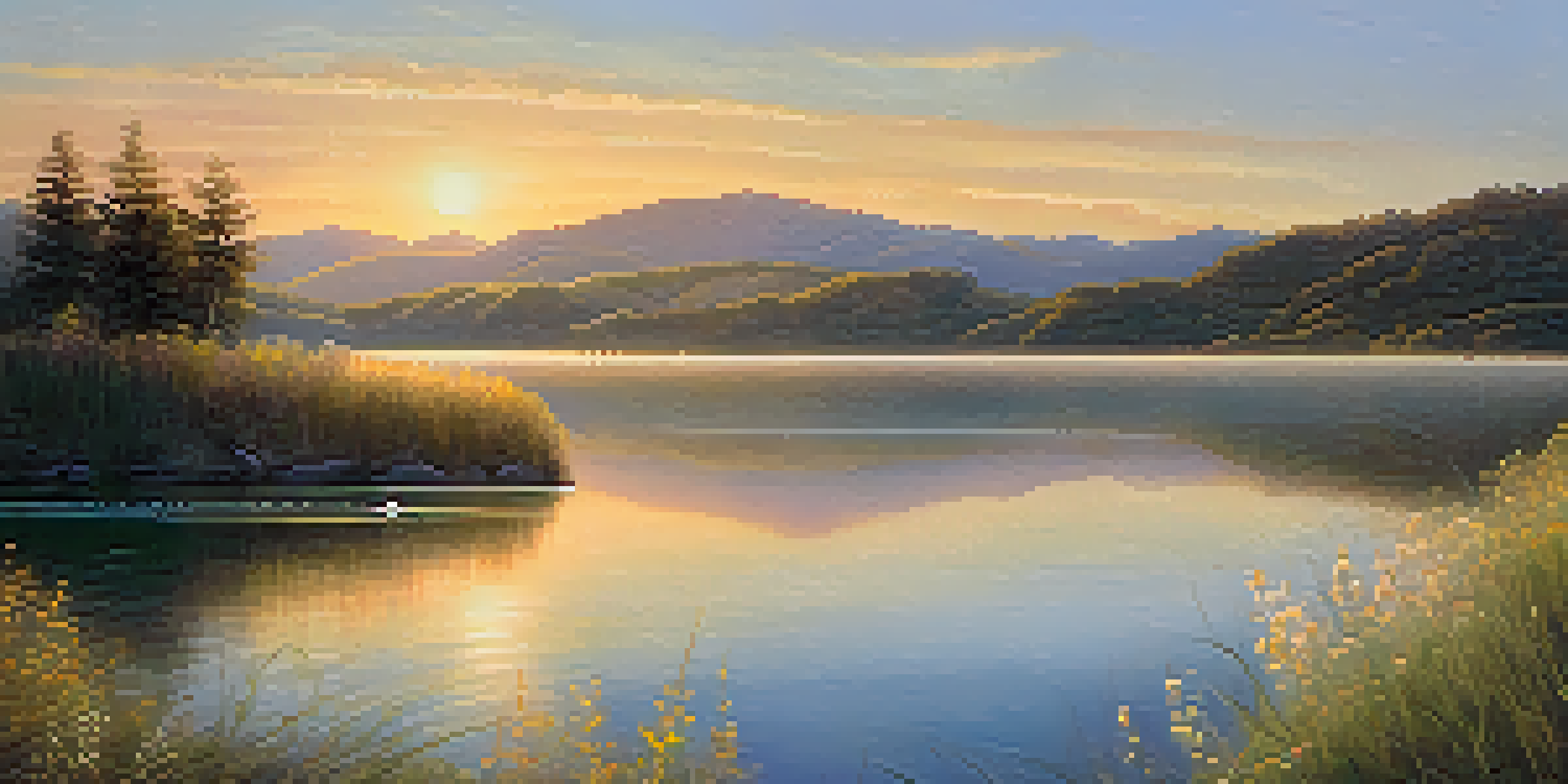 A tranquil lake at golden hour with soft hills and wildflowers in the foreground, creating a dreamy landscape.
