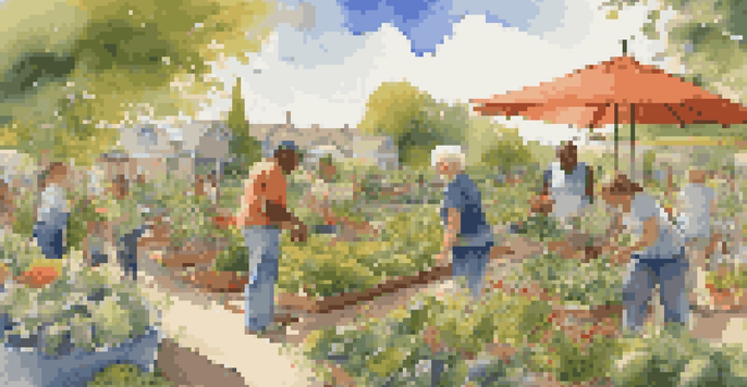 A community garden with people tending to various plants under a sunny sky, showcasing a collaborative gardening effort.