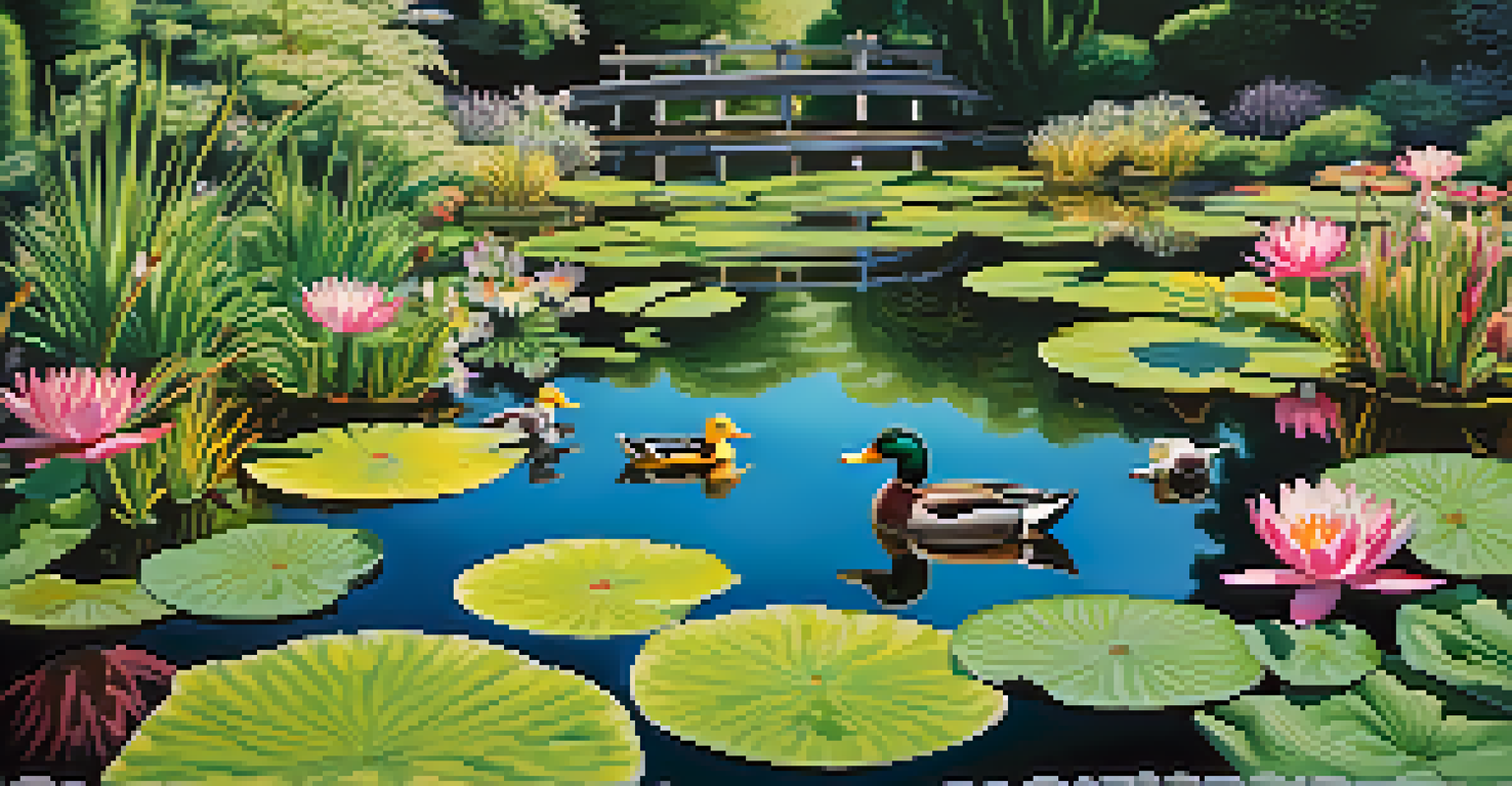 A detailed model pond with ducks, water lilies, and dragonflies in a sunny garden setting.