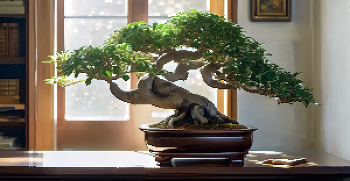 An indoor setting with a Ficus bonsai tree in a ceramic pot, illuminated by natural light, surrounded by green plants.