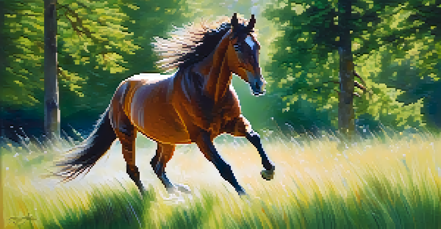 A horse galloping through a sunlit meadow, with flowing mane and vibrant greens in the background.
