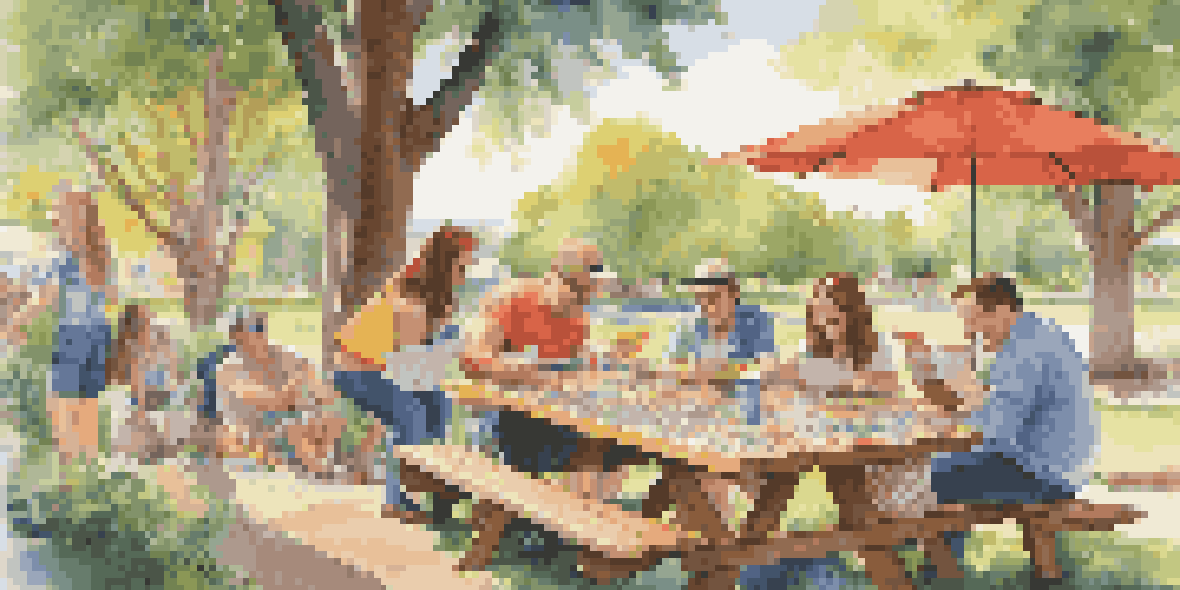 A group of friends enjoying puzzle magazines together at a picnic table in a sunny outdoor setting.