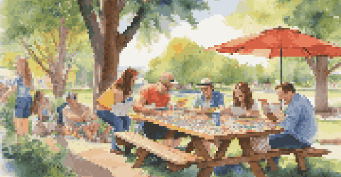 A group of friends enjoying puzzle magazines together at a picnic table in a sunny outdoor setting.