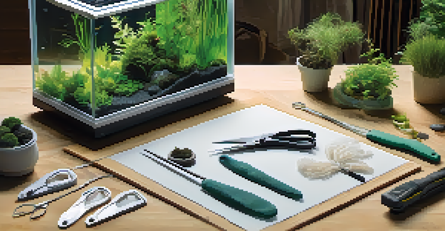 An assortment of aquascaping tools including scissors, tweezers, and a net on a table.