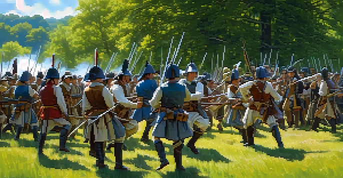 A colorful outdoor historical battle reenactment scene with participants in period costumes and replica weapons in a green field under a blue sky.