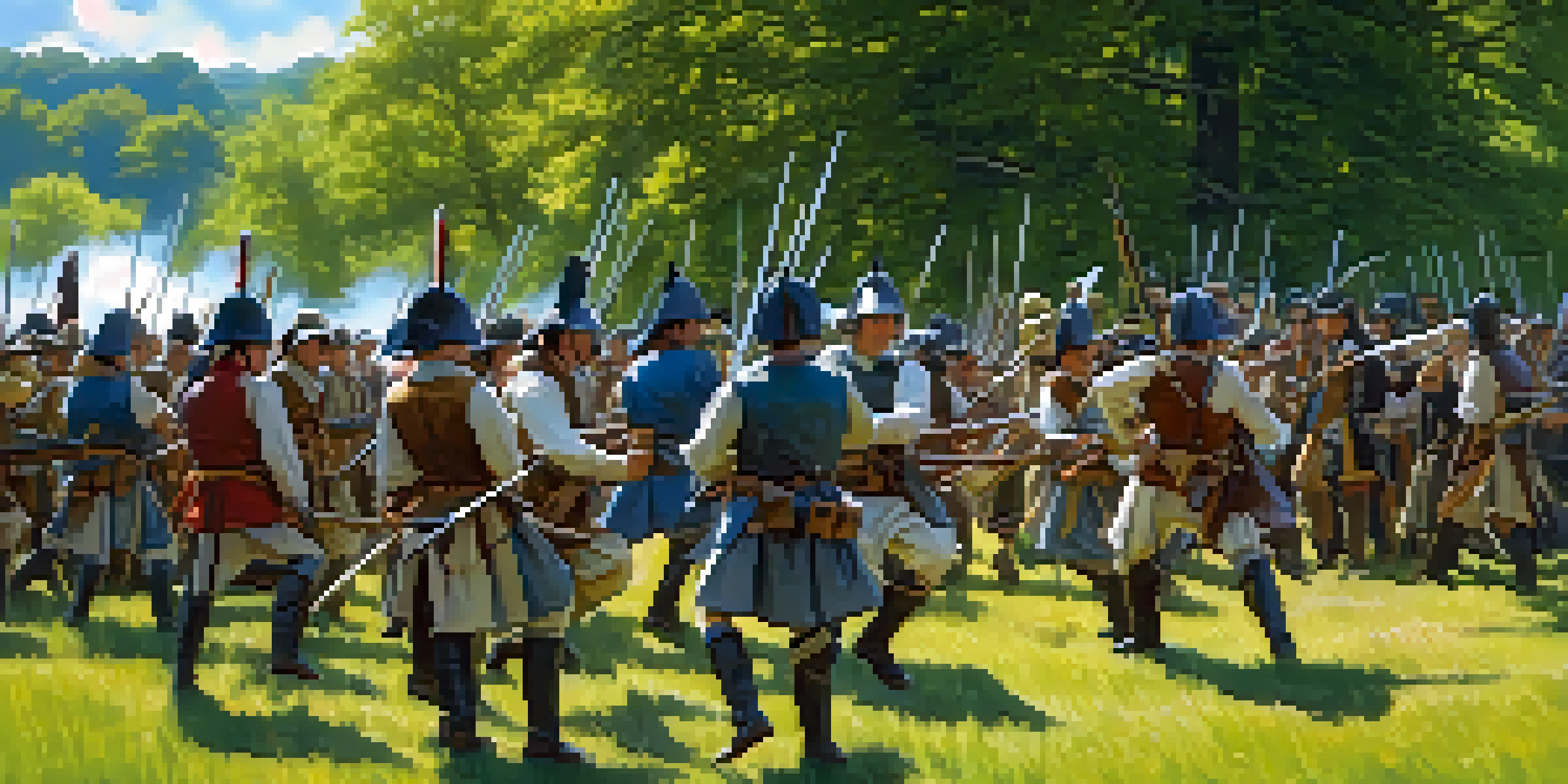 A colorful outdoor historical battle reenactment scene with participants in period costumes and replica weapons in a green field under a blue sky.