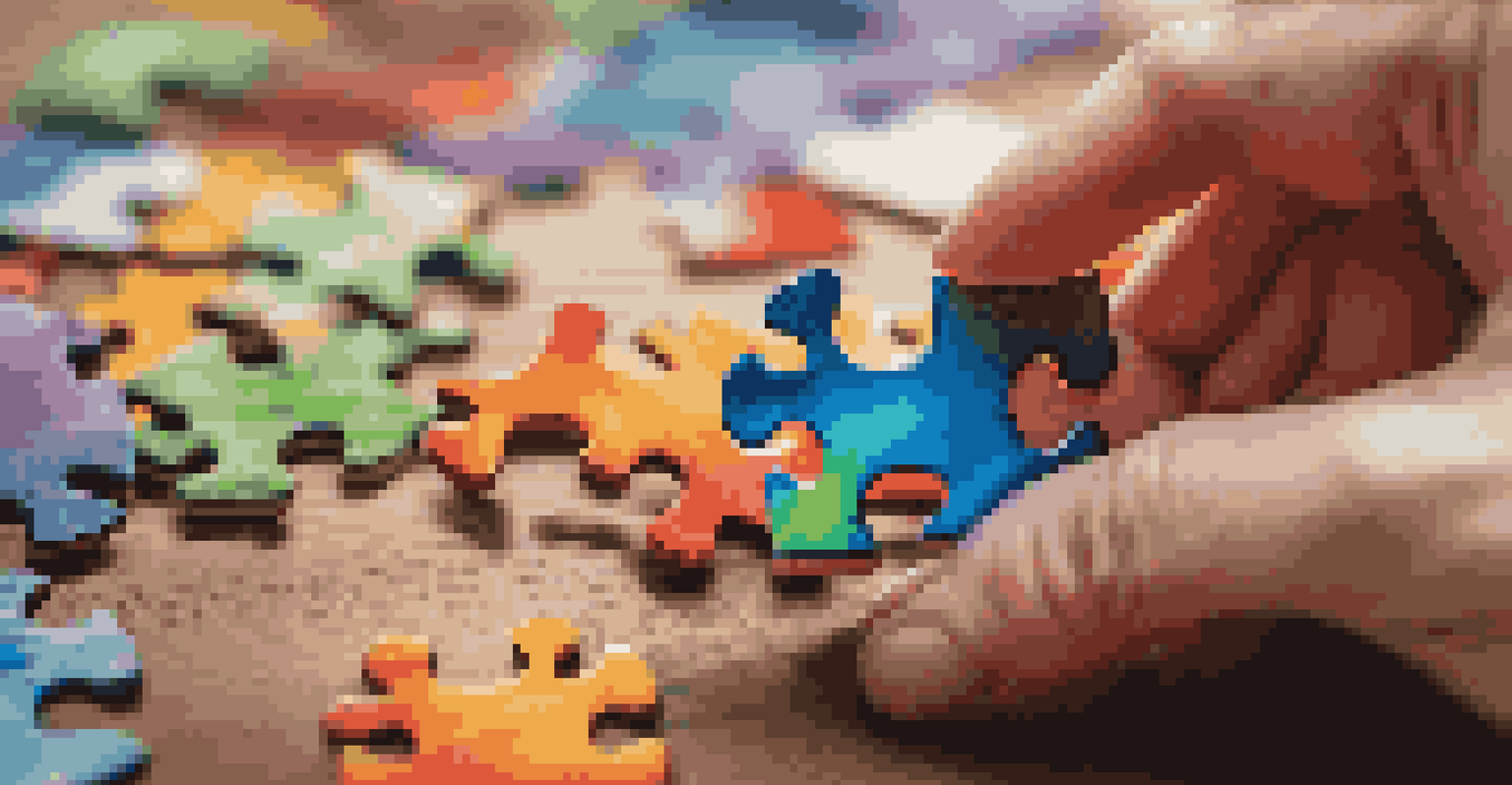 A close-up of a person's hand holding a colorful jigsaw puzzle piece, with scattered puzzle pieces in the background.