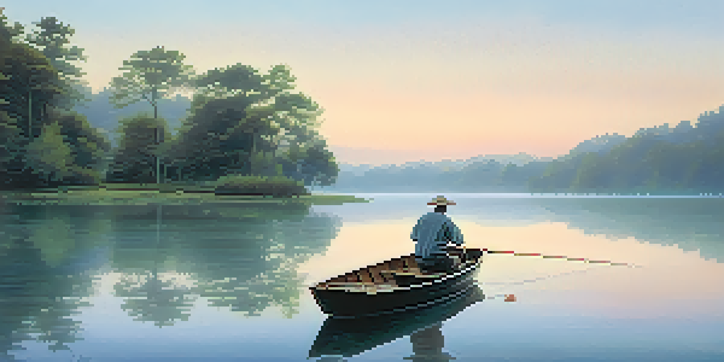 A tranquil lakeside scene at dawn with a fisherman casting his line from a small wooden boat surrounded by lush greenery and mist over the water.