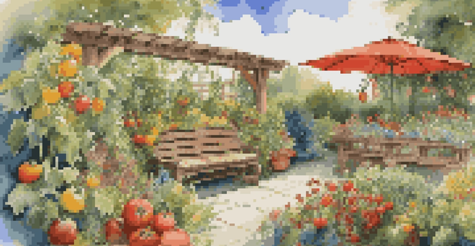 A colorful seasonal garden with various flowers and vegetables under bright sunlight, featuring a wooden bench surrounded by plants.