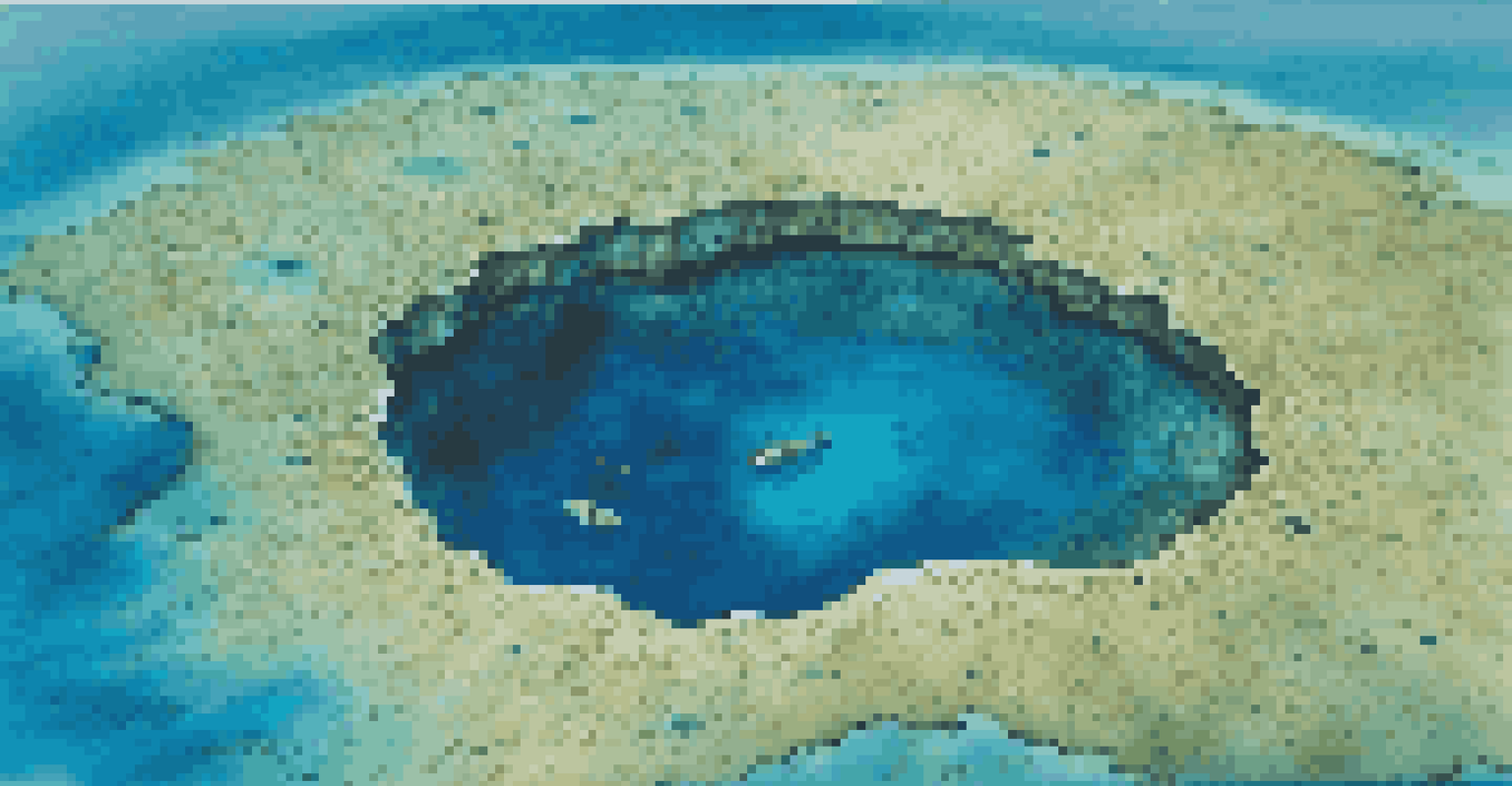 An aerial view of the Great Blue Hole with divers exploring underwater caves, surrounded by deep blue waters and coral formations.